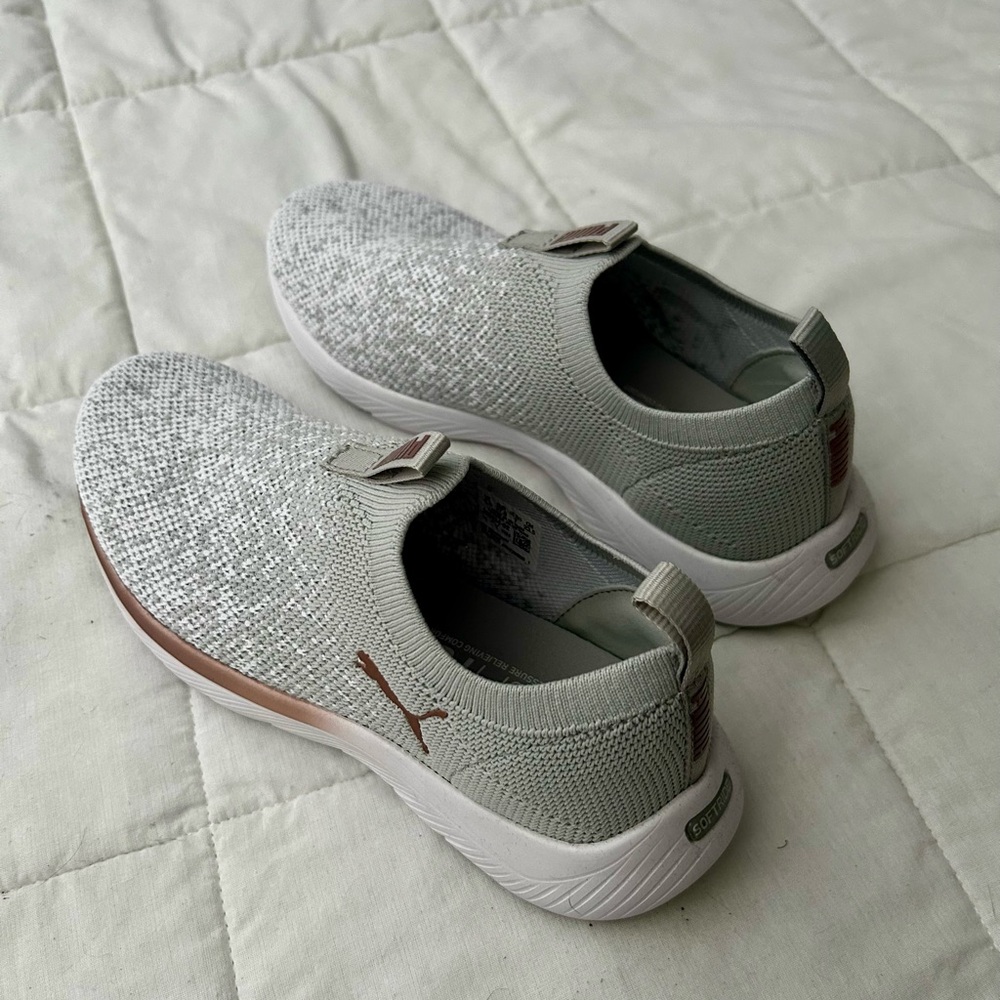 Puma Knit Slip-On Sneakers in Light Gray with Rose Gold Trim